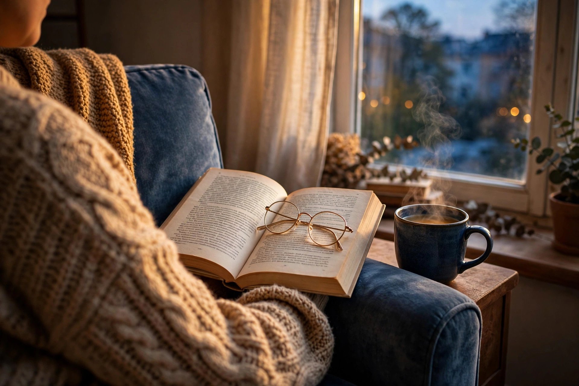 An adult settled into an armchair with a book, reading glasses and a mug of tea