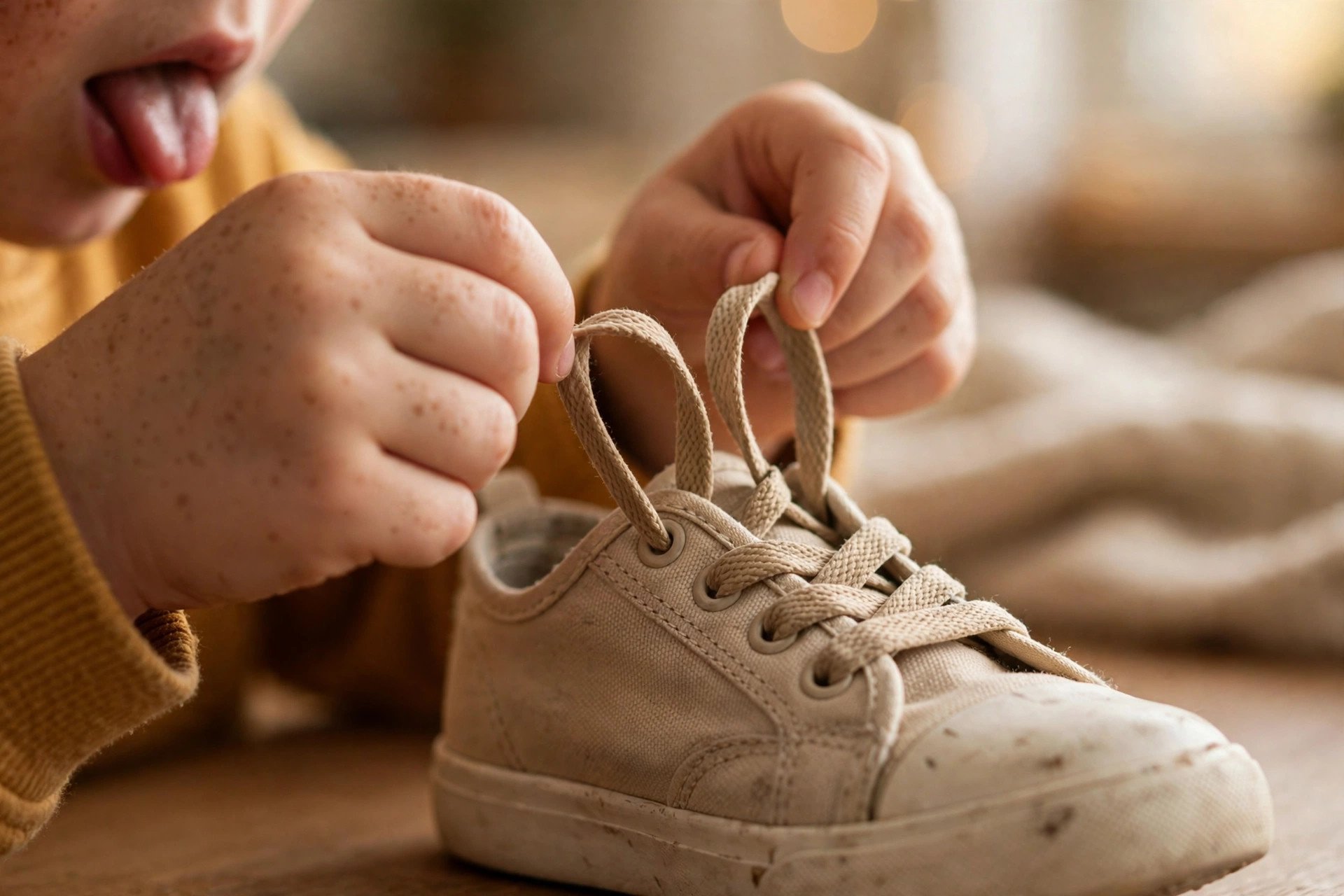 Close-up of a child's hands working at tying a shoelace
