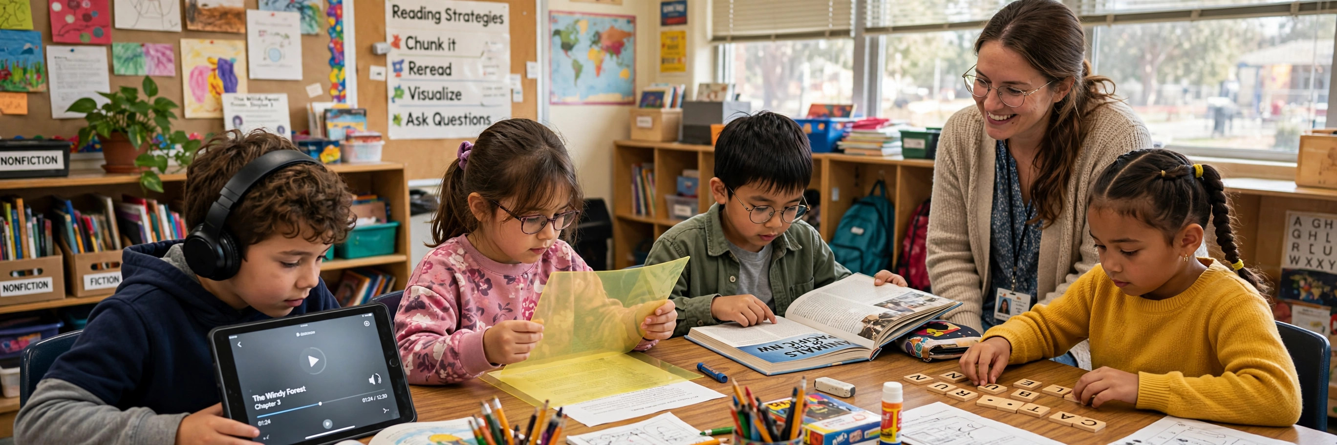 Students learning to read in different ways — audiobook with headphones, colored overlay, large-print book, and letter tiles